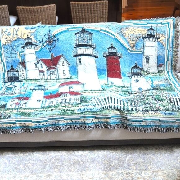 Cape Cod and Islands Lighthouses Tapestry Throw Blanket Donna Elias Vintage - Picture 1 of 13